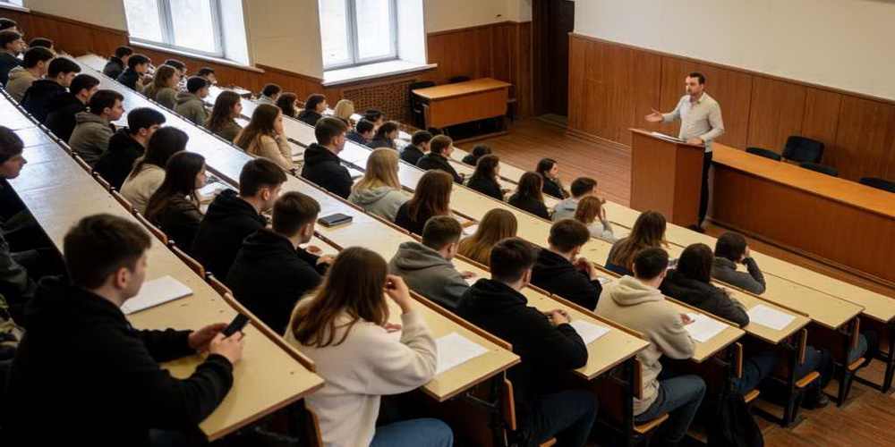 Студенты ВУЗа на занятиях в аудитории.