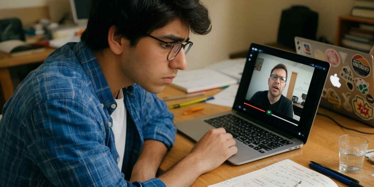 Студент вуза на дистанционном обучении смотрит учебный материал на ноутбуке