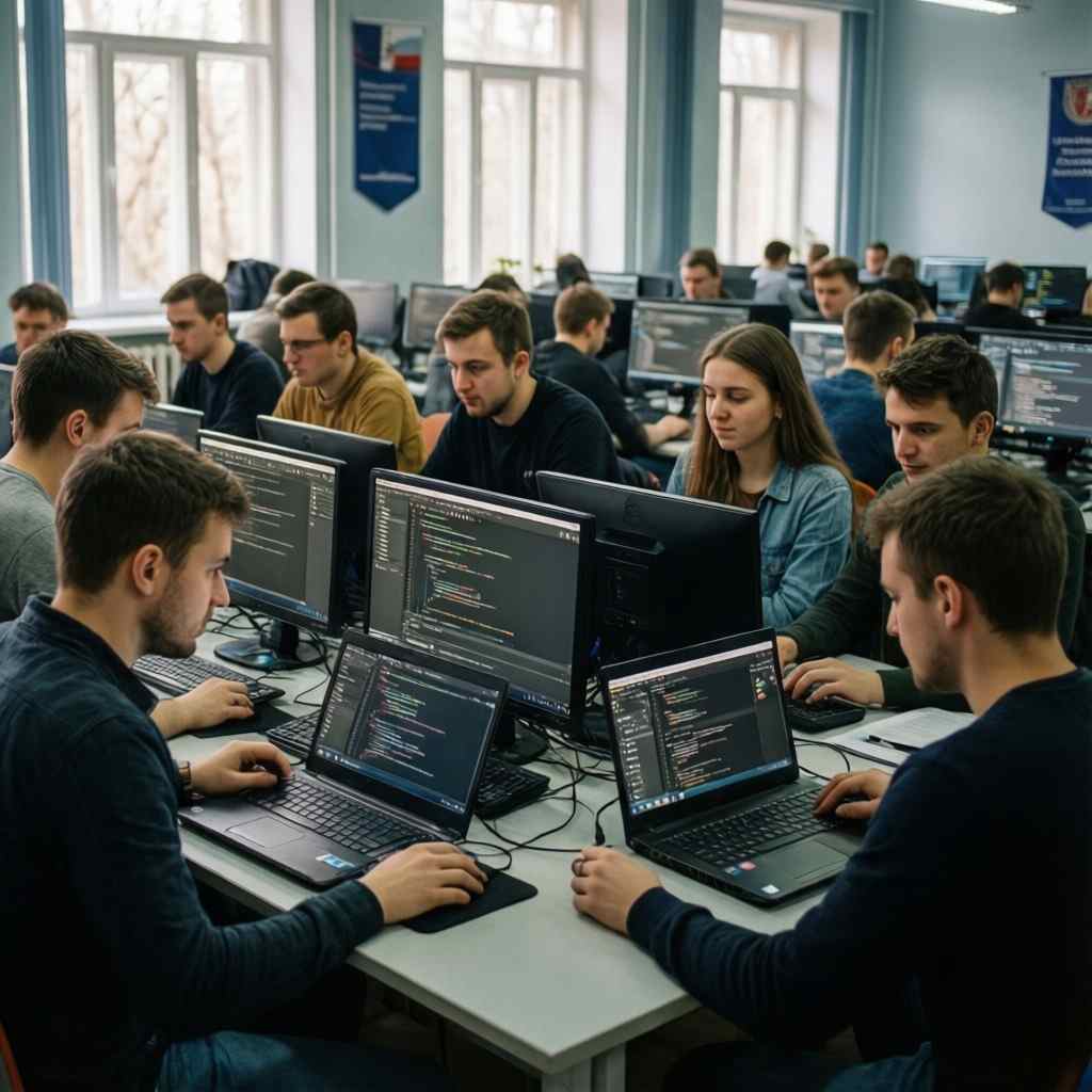 Программисты за компьютерами на практическом занятии в Московской Академии Предпринимательства